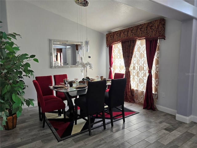 dining room featuring lofted ceiling and hardwood / wood-style flooring