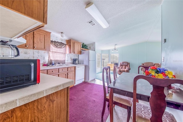 kitchen with lofted ceiling, plenty of natural light, white appliances, and a textured ceiling