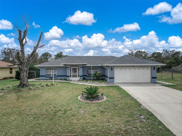 ranch-style house with a front yard and a garage