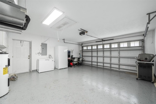 garage with electric panel, refrigerator, water heater, and a garage door opener