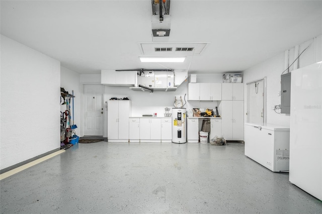 garage with electric panel, refrigerator, and electric water heater