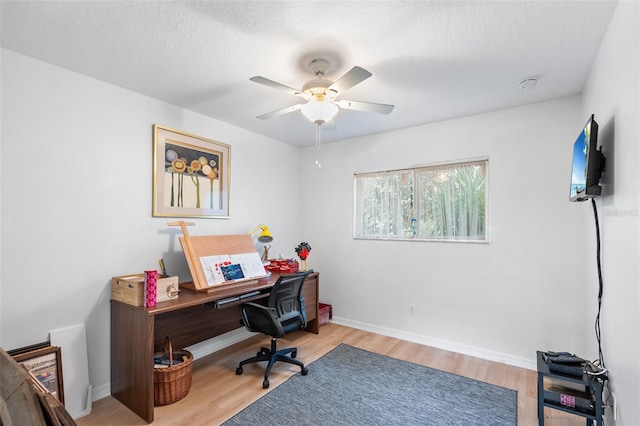 office space with light hardwood / wood-style floors, a textured ceiling, and ceiling fan