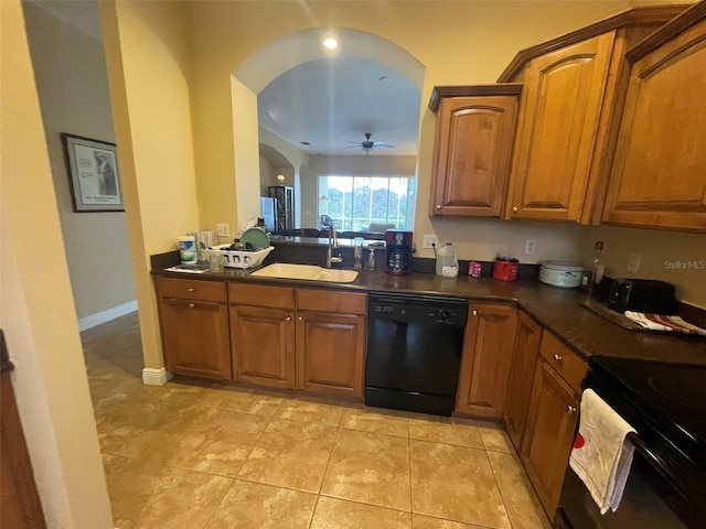 kitchen with ceiling fan, light tile patterned flooring, sink, and black appliances