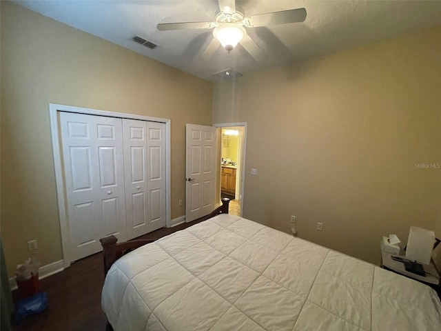 bedroom with ceiling fan and a closet