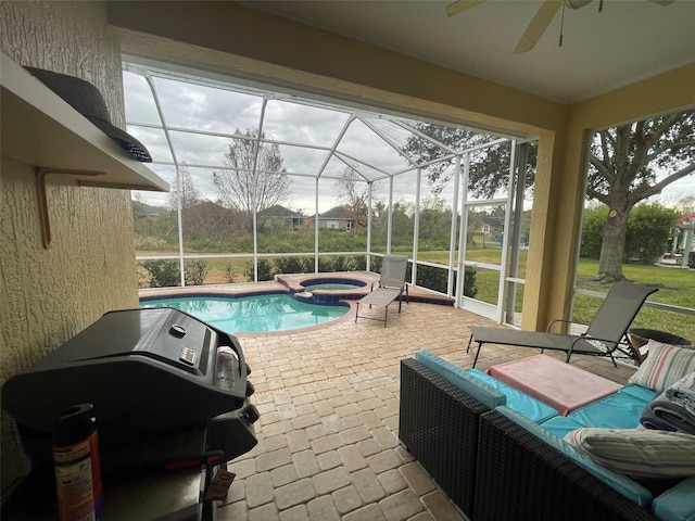 view of swimming pool with a lanai, grilling area, outdoor lounge area, an in ground hot tub, and a patio