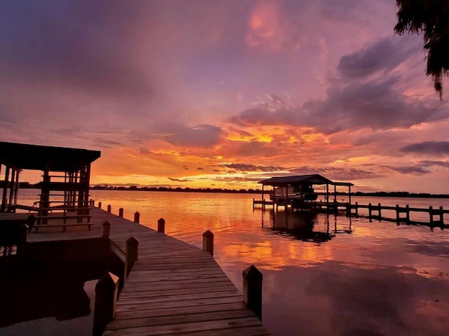 view of dock with a water view