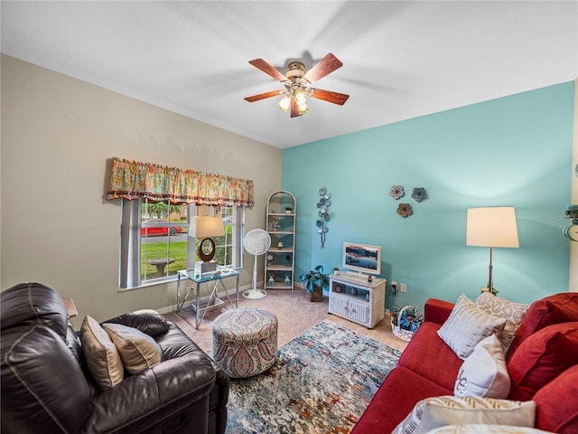 living room with carpet and ceiling fan