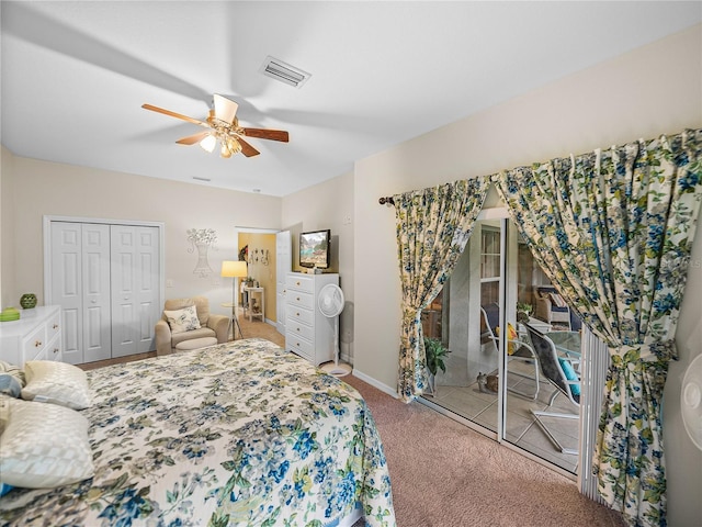 bedroom featuring ceiling fan, access to exterior, a closet, and carpet flooring