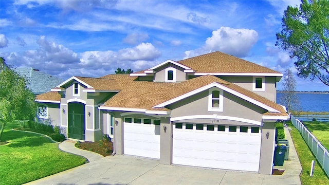 view of front of home featuring a water view, a garage, and a front lawn