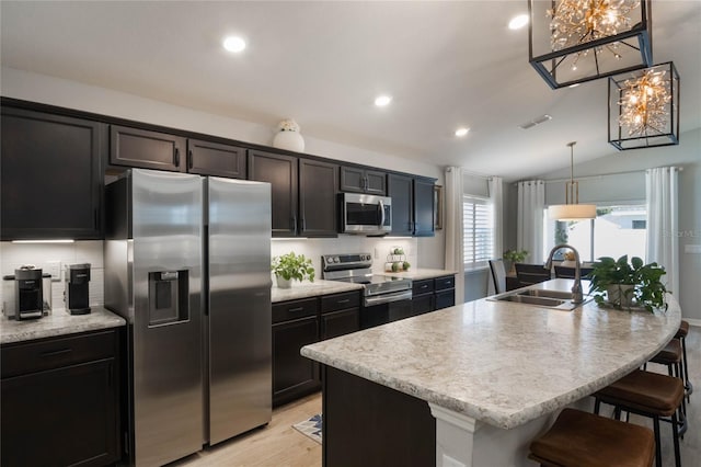 kitchen with decorative light fixtures, light countertops, appliances with stainless steel finishes, a kitchen island with sink, and a sink