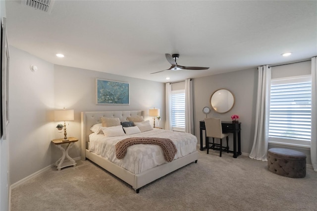 carpeted bedroom with baseboards, visible vents, a ceiling fan, and recessed lighting