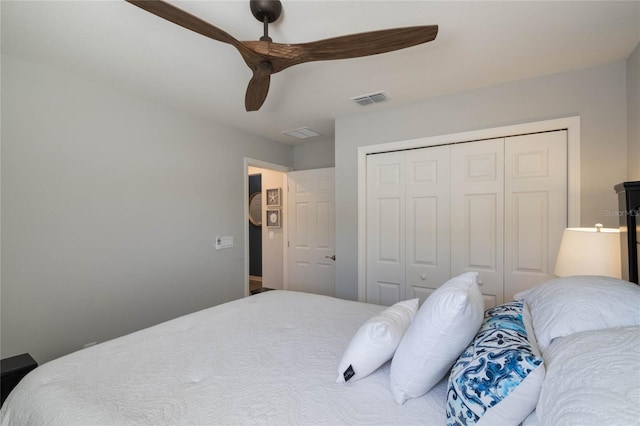 bedroom featuring a closet, visible vents, and a ceiling fan