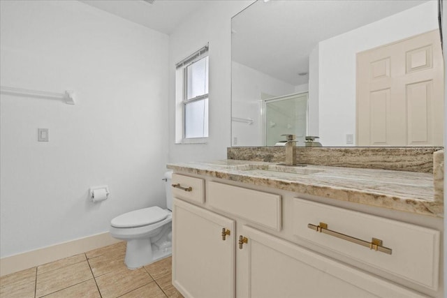 bathroom with toilet, tile patterned floors, vanity, and a shower with shower door