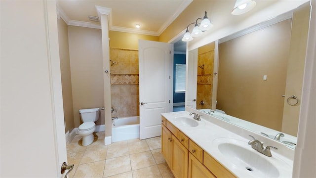 full bathroom with shower / bathtub combination, tile patterned floors, vanity, and ornamental molding