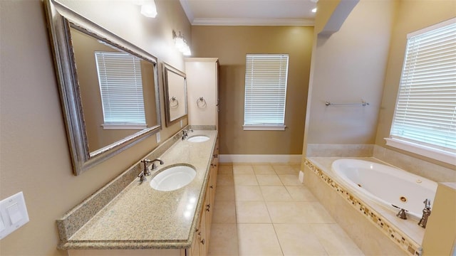 bathroom with tiled bath, tile patterned floors, vanity, and crown molding