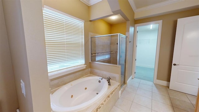 bathroom with shower with separate bathtub, crown molding, and tile patterned flooring