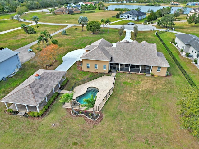 drone / aerial view featuring a water view