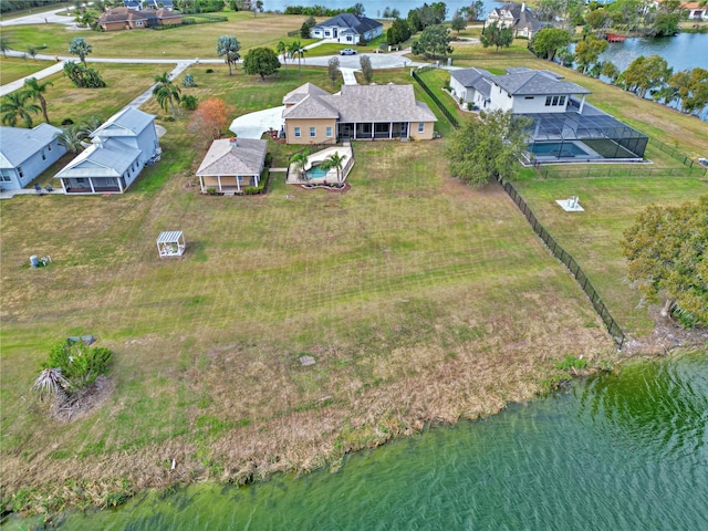 drone / aerial view with a water view