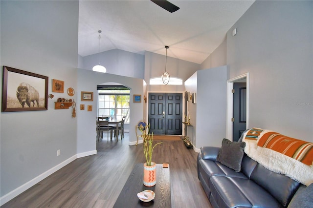 living room with high vaulted ceiling and dark hardwood / wood-style floors