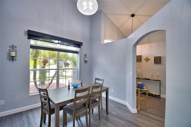 dining space with high vaulted ceiling and dark hardwood / wood-style flooring