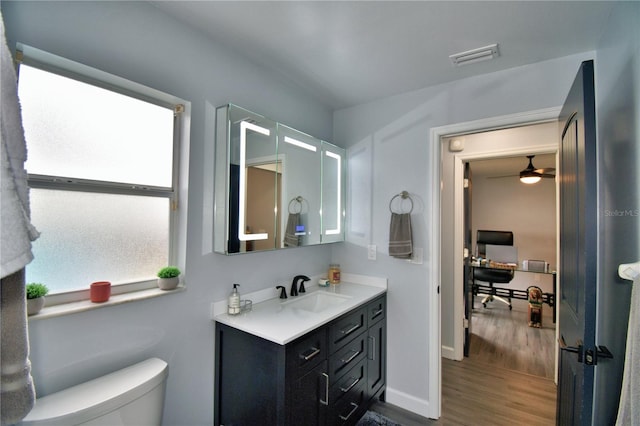 bathroom with vanity, hardwood / wood-style floors, and toilet