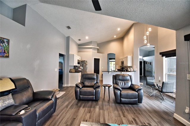 living room with hardwood / wood-style floors, high vaulted ceiling, and a textured ceiling