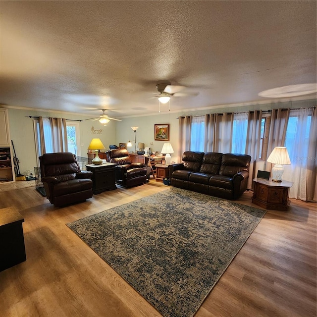 living room featuring hardwood / wood-style flooring, ceiling fan, and a textured ceiling