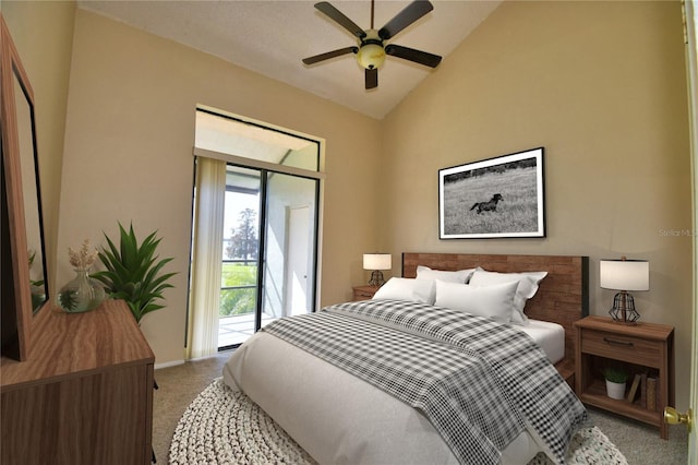 bedroom with lofted ceiling, carpet, access to exterior, and ceiling fan