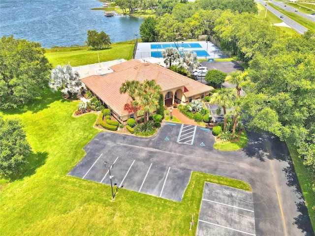 bird's eye view with a water view