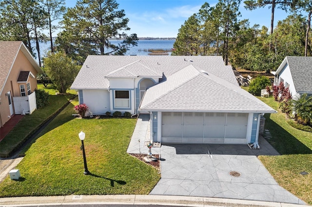 view of front of house with a garage, a water view, and a front yard