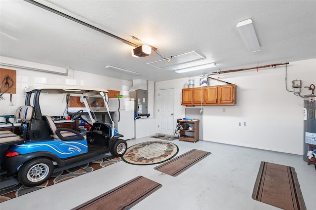 garage featuring a garage door opener, water heater, and white fridge