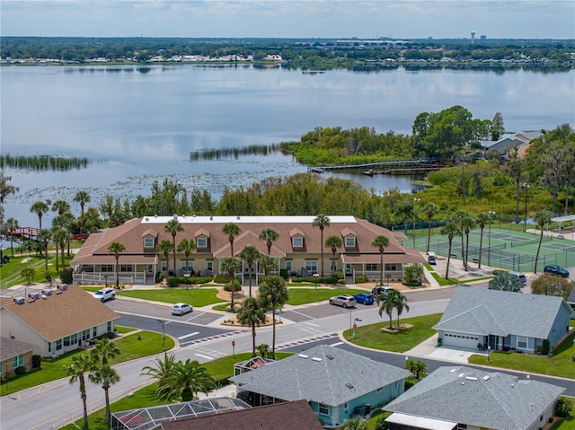 drone / aerial view featuring a water view