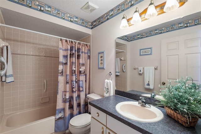 full bathroom featuring toilet, vanity, shower / bathtub combination with curtain, and a textured ceiling