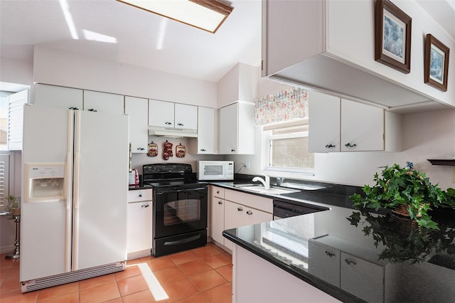 kitchen featuring white cabinetry, white appliances, sink, and light tile patterned floors