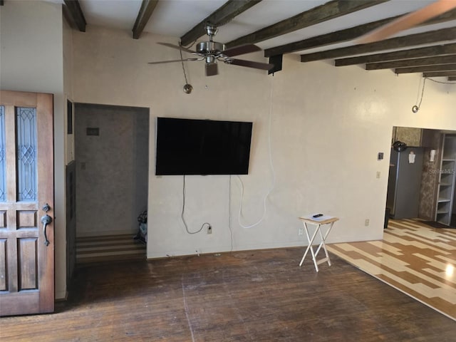 living room featuring beamed ceiling, ceiling fan, and dark wood-type flooring