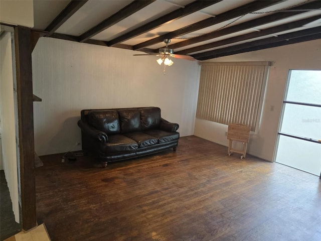 living room with vaulted ceiling with beams, hardwood / wood-style flooring, and ceiling fan