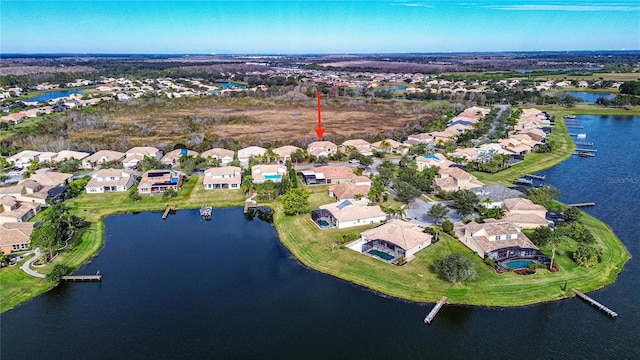 drone / aerial view featuring a water view