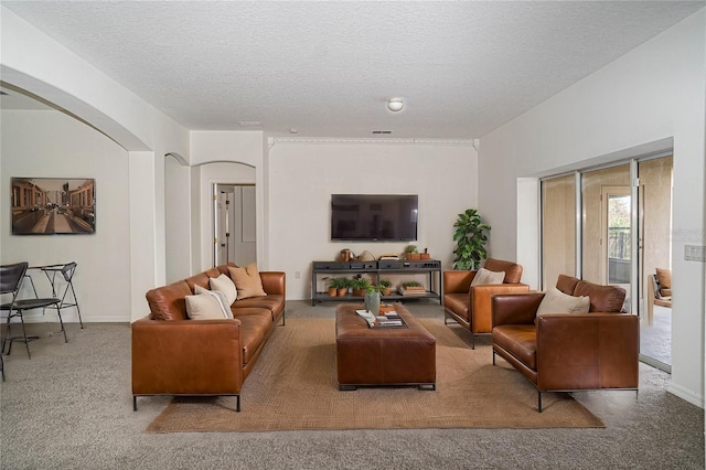 living room featuring carpet floors and a textured ceiling