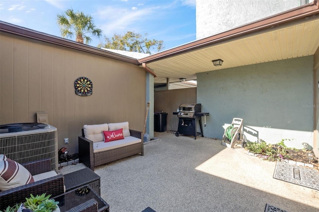 view of patio with an outdoor hangout area, grilling area, and central air condition unit