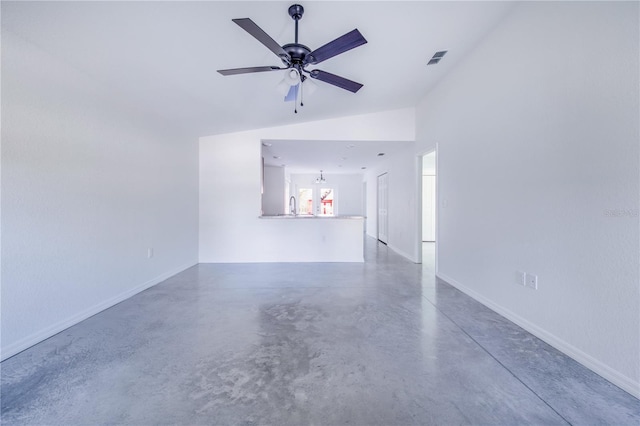 unfurnished living room featuring lofted ceiling, sink, and ceiling fan