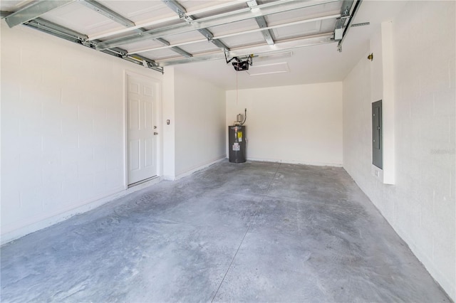 garage with water heater, a garage door opener, and electric panel