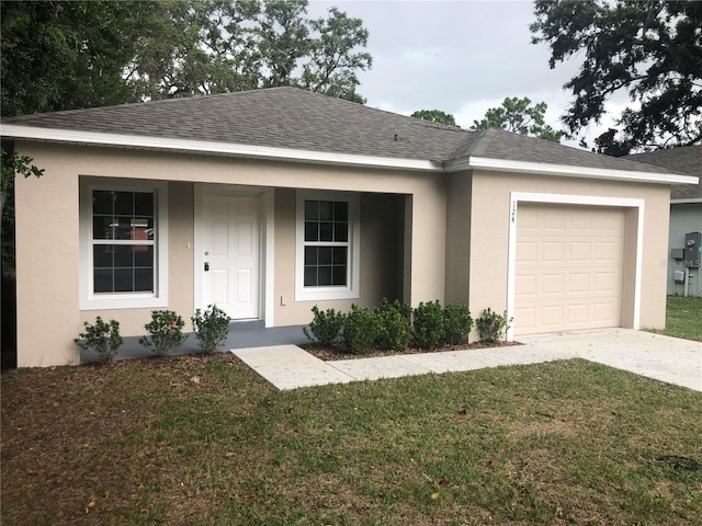 124 A St, Haines City, FL 33844 - single story home with driveway, a front yard, stucco siding, a shingled roof, and an attached garage