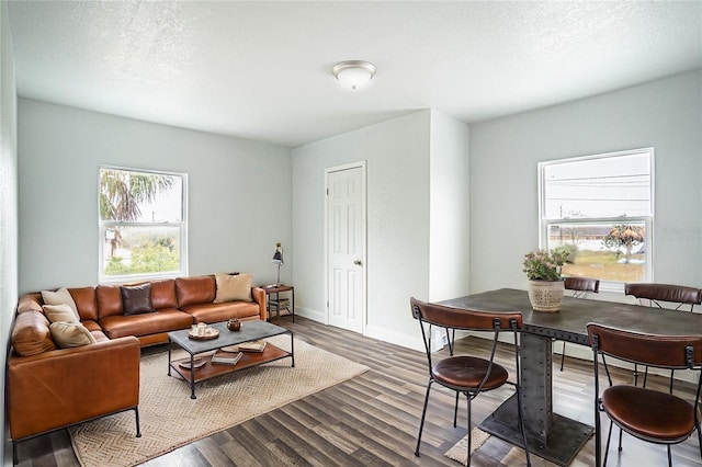 living room with hardwood / wood-style floors and a textured ceiling