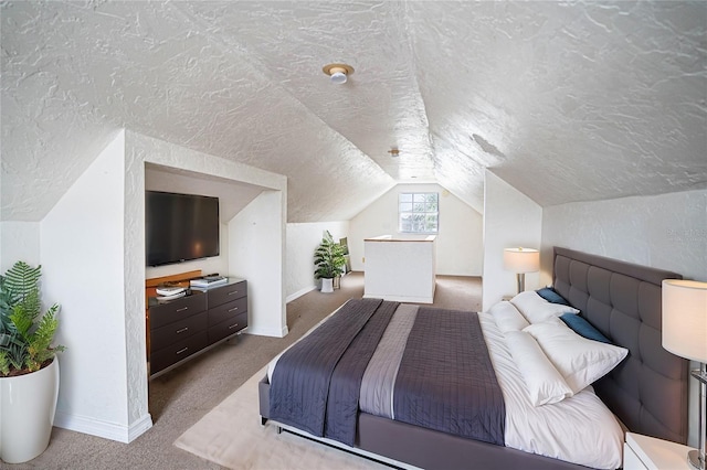 bedroom featuring light carpet, vaulted ceiling, and a textured ceiling