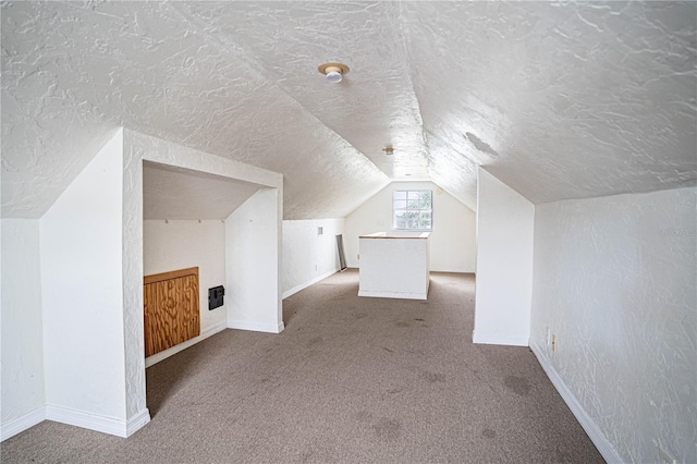 additional living space featuring lofted ceiling, carpet floors, and a textured ceiling