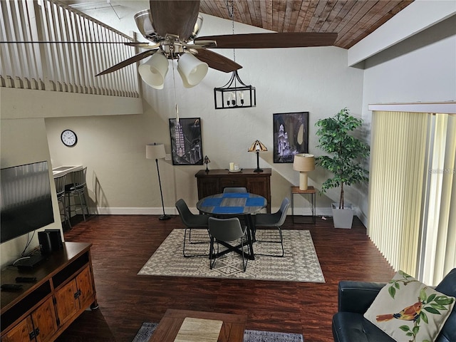 dining area with ceiling fan, lofted ceiling, dark wood-type flooring, and wood ceiling