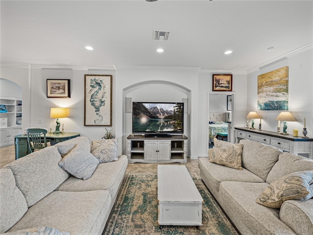 living room featuring ornamental molding