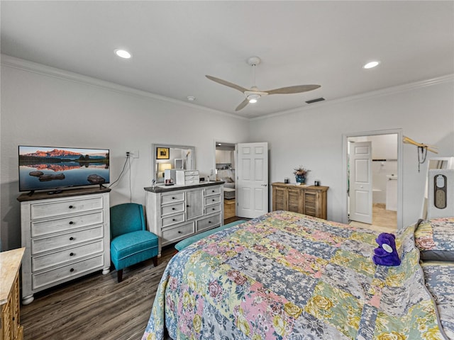 bedroom featuring crown molding, ceiling fan, and dark hardwood / wood-style floors