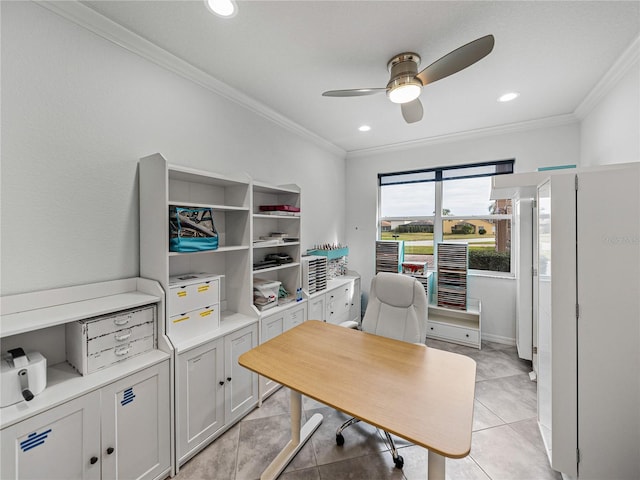 office featuring ceiling fan, ornamental molding, and light tile patterned floors