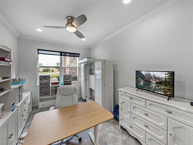 office area featuring crown molding, light tile patterned flooring, and ceiling fan